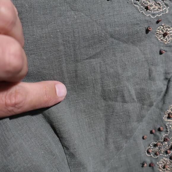 Forest Fairy Green Linen Blend Beaded Top‎ V Neck 3/4 Long Sleeve Boho Woodsy L - Picture 7 of 9